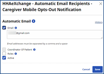 In the image, the Automatic Email Recipients window displays with checkbox fields at center to enable email address entry.